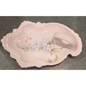 VTG Porcelain Hand Painted Blue Floral Handled Nappy/Trinket Tray Signed Irene